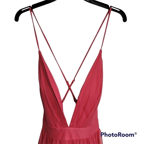 Emerald Sundae Coral Pink Deep V-neck  Cross Back Strap Dress With High Slits - Picture 4 of 10